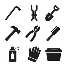 Tool Icon Set. Solid, filled icon set of stake removal and maintenance tools: crowbar, stake puller, shovel, hammer, wire cutter,
