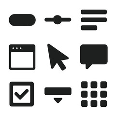 UI Icon Set. Solid, filled icon set of user interface design: button, slider, menu, window, cursor, dialog box, checkbox, dropdown