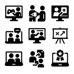 Virtual Team Activities. Solid, filled icon set of virtual team activities: online gaming, virtual coffee break, screen sharing,