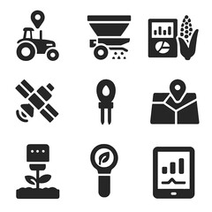 Precision Farming Tools. Solid, filled icons set of precision farming tools: GPS tractor, variable rate