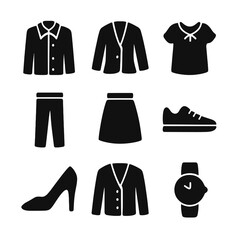 Wardrobe Essentials Icons. Solid, filled icon set of his and hers wardrobe essentials: dress shirt, blazer, blouse, pants, skirt,