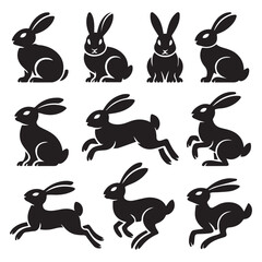 Fototapeta premium Collection of nine black silhouette rabbits in various poses on a white background