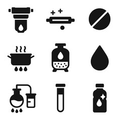 Water Purification Icons. Solid, filled icon set of water purification methods: water filter, UV lamp, chlorine tablet, boiling
