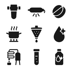 Water Purification Icons. Solid, filled icon set of water purification methods: water filter, UV lamp, chlorine tablet, boiling