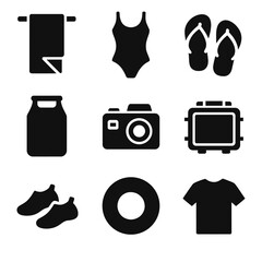 Waterfall Gear Icons. Solid, filled icon set of waterfall area gear: quick-dry towel, swimwear icon, sandals, waterproof bag,