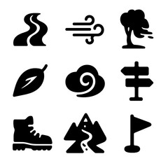 Windy Path Icons. Solid, filled icon set of windy path: winding road, gust of wind, swaying tree, fallen leaf, cloud swirl,