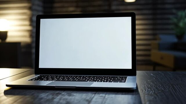 Modern laptop with white screen, white screen mockup of a modern computer or laptop, Optical zoom aiming at a computer or laptop screen, laptop with white screen