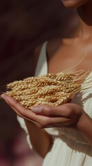 A woman is holding a bunch of wheat in her hand. The wheat is golden and he is freshly harvested. The woman's dress is white, and she is standing in front of a wall