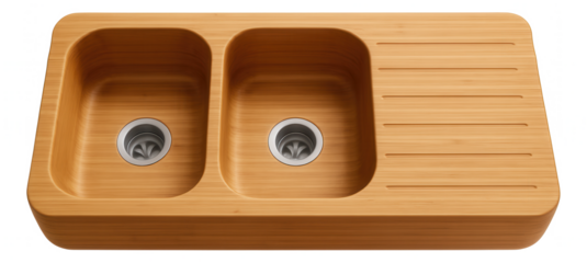 A double bowl sink with a flat drainboard, made from eco-friendly bamboo, for an environmentally conscious apartment kitchen.