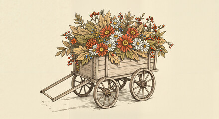 Autumn bouquet on vintage cart. Warm and cozy autumn still life. Light vintage style