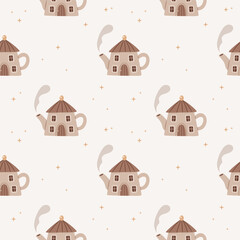 Whimsical seamless pattern with teapot houses and stars in soft neutral tones. Perfect for kids textiles, nursery decor, baby clothes, and cozy themed designs.