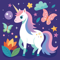 Magical unicorn surrounded by butterflies and enchanted forest animals, whimsical fantasy nature illustration, mystical creature in woodland scene
