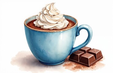 Watercolor painting cup of hot chocolate topped with whipped cream, chocolate bar on white background. Cozy winter drink, sweet dessert concept, cafe menu illustration, perfect for holiday greeting