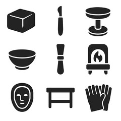 Sculpture Pottery Icons. Solid, filled icons set of sculpture and pottery: clay block, sculpting tool,