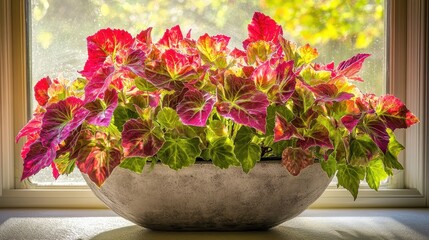 Vibrant Begonia Plant in Decorative Bowl on Sunlit Windowsill