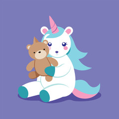 Cute Unicorn Hugging Teddy Bear Cartoon Vector Illustration in Flat Style for Kids Merchandise, Nursery Prints, and Baby Designs