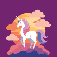 Dreamy unicorn made of fluffy clouds blending into a vibrant pastel sunset sky, fantasy illustration, magical and serene vector art