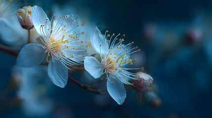 Enchanted Display of myrtus communis Blooms with Delicate Cherry-Like Petals Amid Soft Illumination