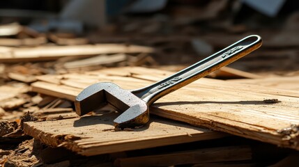 Close-Up of A Wrench on Wooden Planks in a Sunlit Workshop