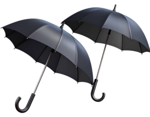 Set of Two Toy-Like Black Umbrella Icons with Glossy Surfaces and Simplified Design, Transparent PNG