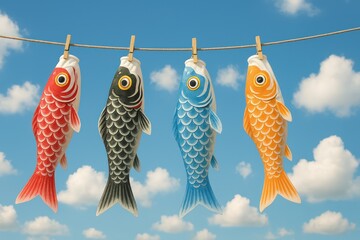 Colorful carp streamers (Koinobori) hang on a rope against a bright blue sky with clouds. Concept of: Japanese Children's Day.

