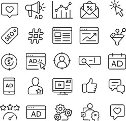 A collection of digital marketing and advertising icons representing various aspects of online business growth and customer engagement strategies