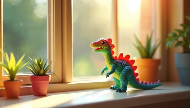 Colorful dinosaur figurine on window sill. Sunny day in cozy home interior. Child imagination fun concept. Indoor plants and natural light. Concept for kids toys decoration.