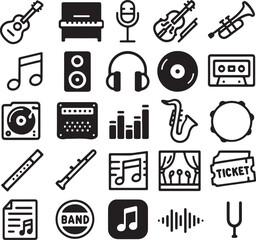 Collection of black music and audio icons including instruments recording equipment and performance elements on a white background