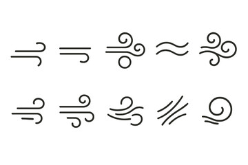 Vector set of 10 black and white wind symbols. Minimal swirl lines for airflow, breeze, weather UI, graphic design elements.