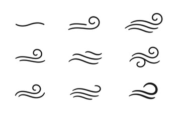 Fototapeta premium 10 black wind line icons. Clean vector with curves, waves, spirals. Ideal for weather, air, breeze designs, simple icon sets.