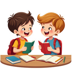 Happy Kids Sharing School Tools at Table