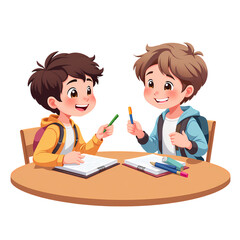 Two Kids Comparing School Supplies Cartoon
