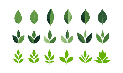 Modern vector illustration featuring a grid of various green leaf icons, Set of green leaf icons. Leaves of trees and plants, Elements design for natural, eco, bio, vegan labels, easily editable