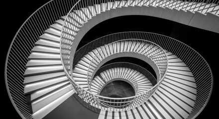 A spiral staircase winds down in a black and white architectural shot