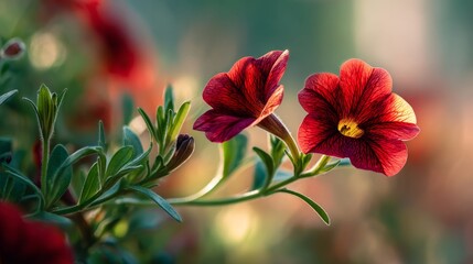 Obraz premium Vibrant red Calibrachoa flowers in soft focus, bathed in morning light. Nature's delicate beauty in a single bloom. 