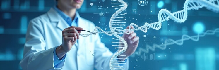 Doctor analyzes abstract DNA molecule using ai virtual interface. Modern tech, genetic research science, innovative medical technology, medical illustration of human genome, microbiology, biology,