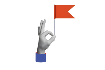 Hand holding a red flag, composition with a place for text. Modern photo collage style. Illustration on transparent background