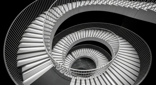 A spiral staircase winds down in a black and white architectural shot - Powered by Adobe