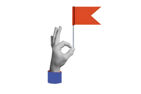 Hand holding a red flag, composition with a place for text. Modern photo collage style. Illustration on transparent background