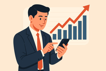 Businessman using mobile smartphone analyzing sales data and business growth graph chart. Financial analysis, investment strategy, and success concept. Modern flat vector cartoon.
