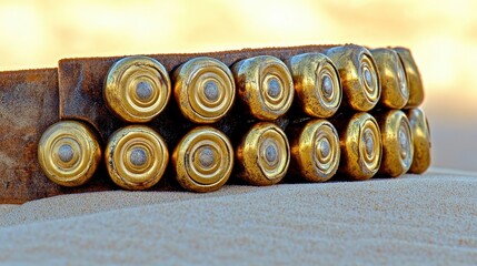 Close-Up of Vintage Shotgun Shells on Leather Belt in Desert Sand