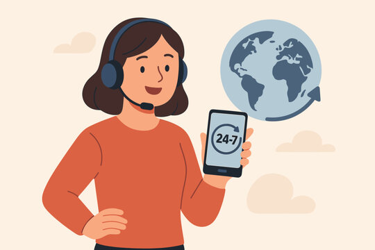 Call center operator, customer service agent holding phone with 24-7 icon. Worldwide nonstop global support concept. Female assistant with headset, online helpdesk and hotline. - Powered by Adobe