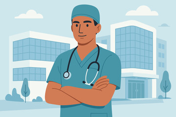 Healthcare medical concept with a professional male doctor, surgeon, or physician wearing scrubs and a stethoscope. Confident character outside a modern hospital clinic building.