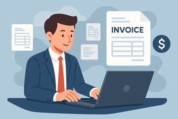Online invoice and digital statement concept. Businessman using a laptop for financial management, accounting, and bookkeeping. Electronic bill payment and transactions on a virtual screen.