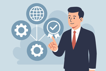 ISO 9001 certification concept. Businessman pointing at a quality standard medal. Quality management system, QMS, standardization, and audit for international business success.