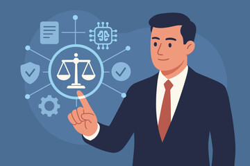 AI ethics and law concept. Businessman touching digital interface with justice scales, regulation, and compliance icons. Artificial intelligence governance and legal framework.
