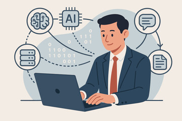 LLM Large Language model concept with businessman using laptop. Generative AI technology for big data analysis, data mining, and natural language processing. Machine learning workflow.