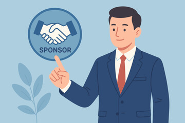 Business Sponsorship Partnership Concept. Handshake Agreement. Corporate Sponsor Funding. Businessman Pointing Sponsor Icon. Financial Support Collaboration. Flat Vector Illustration