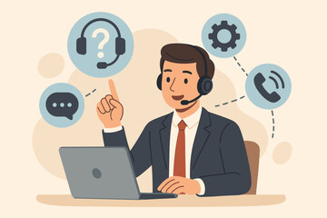 Customer Support Service Concept Illustration. Call Center Agent with Headset Working on Laptop. Communication, Help Desk, Technical Assistance, Online Chat, Phone Support, Flat Vector Cartoon
