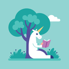 Minimal flat design of a cute unicorn reading a book under a tree, peaceful fantasy illustration for children’s content.